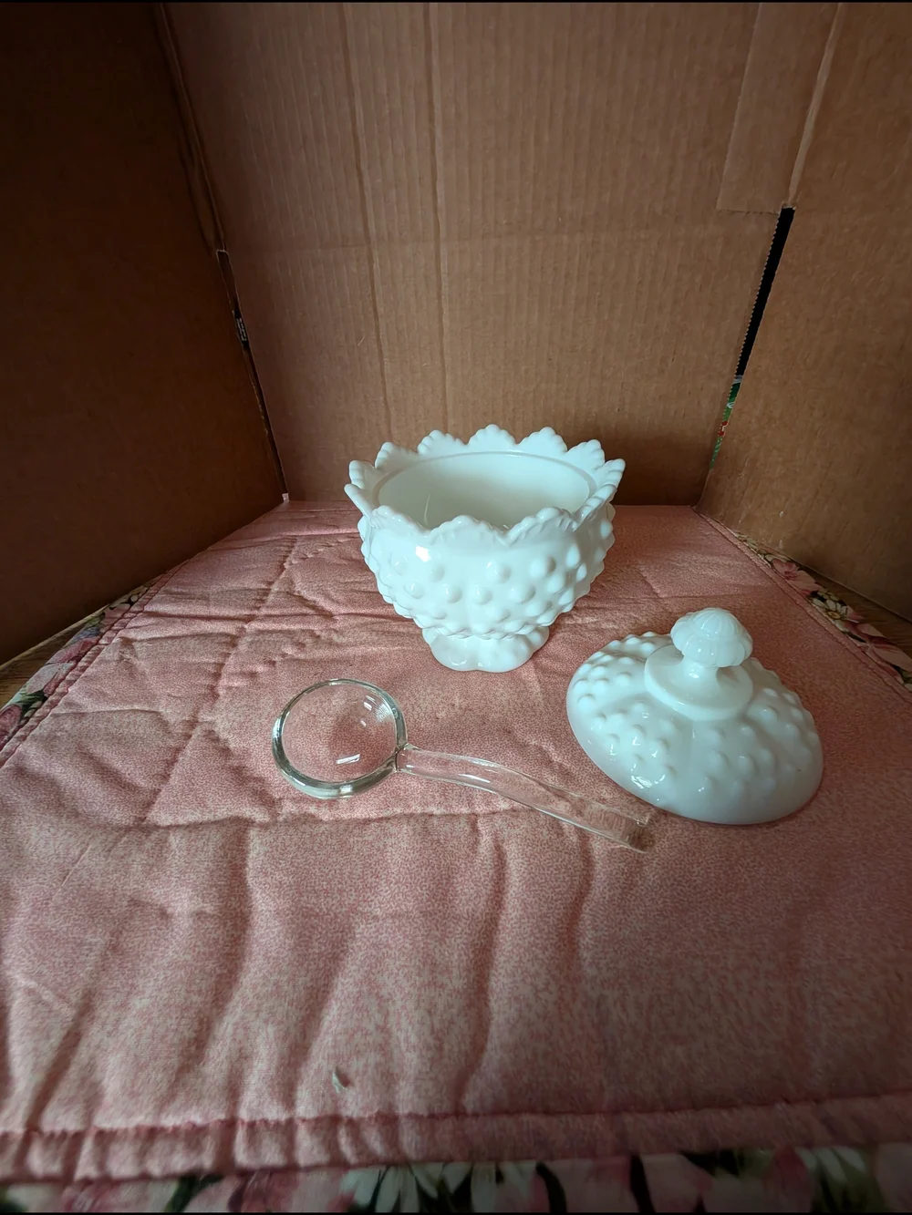White Hobnail Milk Glass Lidded Jam Jar - with Spoon